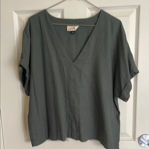 Linen V-Neck Olive Green Top